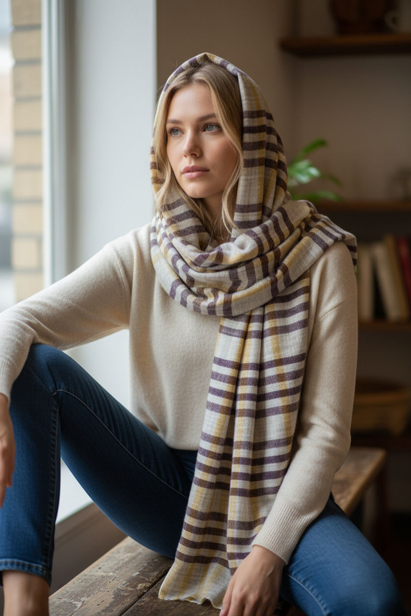 Beige Small Check Wool Scarf